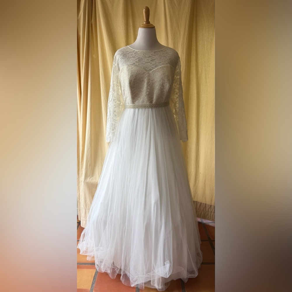Ivory Lace & Tulle Beaded Sash A-Line Wedding Dress